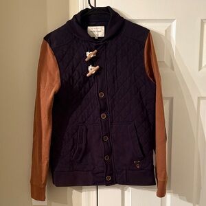 River Island Dark Blue Quilted Jacket with Tan Sleeves, Elbow Pads